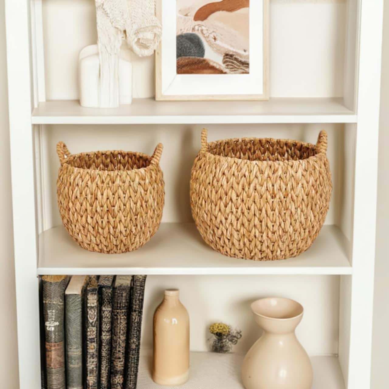 Hello Honey® Beige Round Woven Water Hyacinth Basket with Handles Set